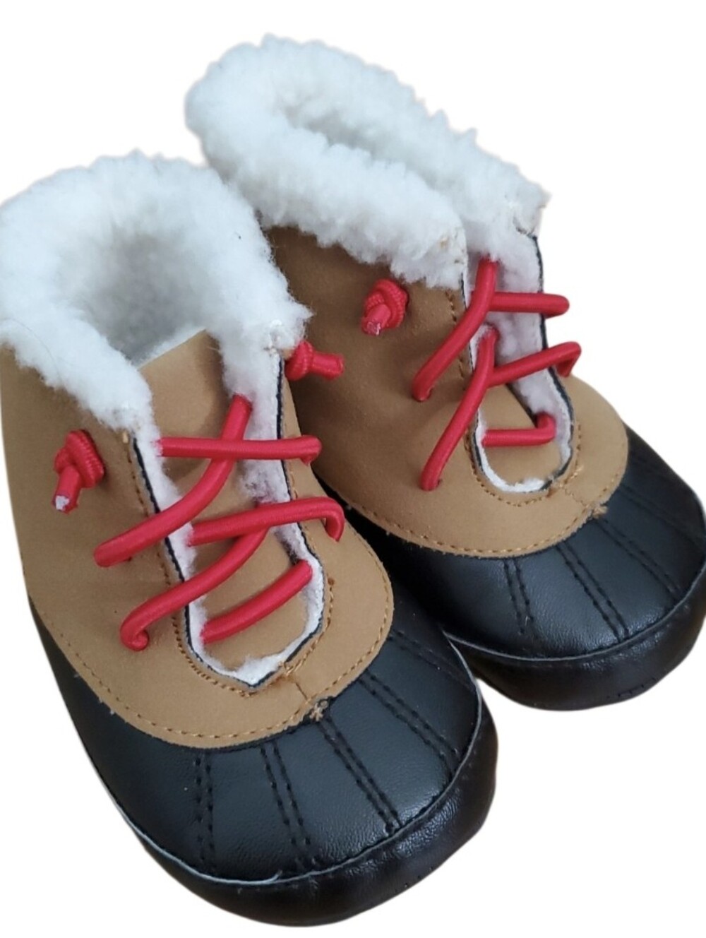 Carters Baby 0-3M Faux-Shearling Winter Boots in Tan, Black & Red Laces